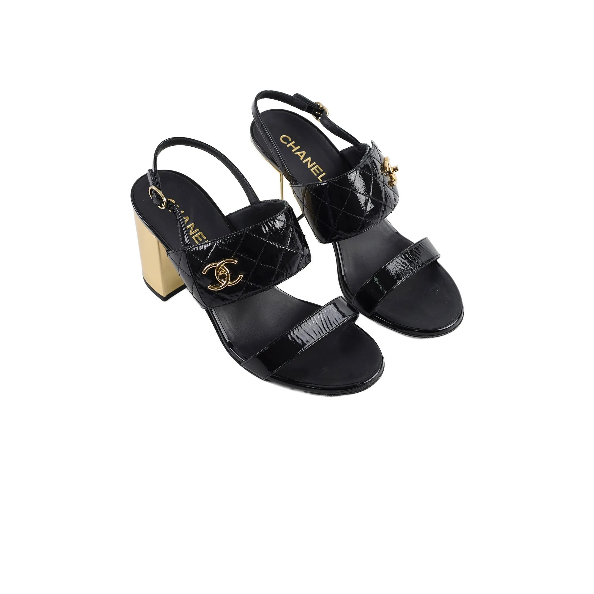 Tread Light Chanel Patent Quilted Turnlock Sandals Black/Gold Size 40.5C